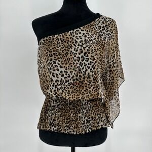 Y2K Hot Tempered Leopard One Shoulder Sheer Chiffon‎ Blouse Top Smocked Sz Large